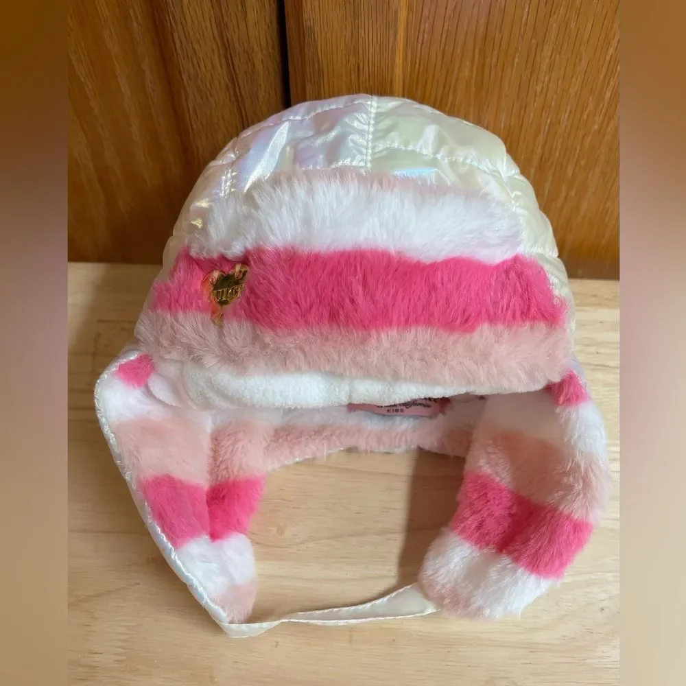 Juicy Couture Baby glam iridescent white plush cap hat head covering